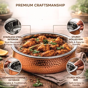 Hammered Copper Finish Handi Serving <b>Bowl</b> | Stainless Steel Indian <b>Curry</b> Dish <b>Bowl</b> | Traditional Kitchen & Restaurant Serveware - Product Image 3