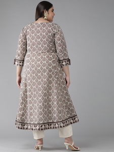<b>Women's</b> Plus Size Brown Cotton Geometrical Printed Anarkali Kurti With Round Neck And Elegant Sleeves Comfortable Wear - Product Image 2