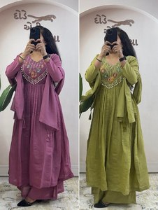 Salwar Kameez Moderno para Mujer, Puro MUL CHANDERI, Largo hasta el Tobillo, Corte Regular, Estilo Casual Étnico, Estilo India Pakistán, Verde Rosa, Envío Rápido - Product Image 3