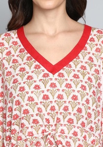 ชุดนอนยาวถึงพื้นผ้าคอตตอน100% ลายดอกไม้สีแดงงาช้างผ้าทอมือรอบเอวธรรมชาติพิมพ์ลายบล็อก - Product Image 5