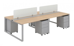 Four-Person Modular <b>Workstation</b> Cluster with Privacy Panels Curved Desks Storage Units and Modern Office Design Layout - Product Image 6