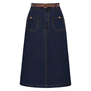 Jupes en jean bleu foncé pour femmes, taille haute, longueur au-dessus du genou, style premium - Product Image 1