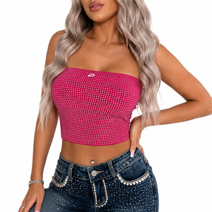 Trendy Women Hot Pink Luxury Rhinestone Tube Crop Top Stretch Fit Party Streetwear Fashion Bandeau OEM Women's Shirts Supplier - Product Image 1