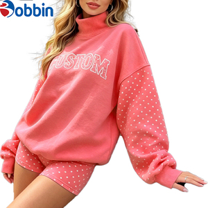 Top Trending Hot Selling Custom Polka Dot Printed Patchwork Mockneck Cozy Sweatshirt Casual <b>Short</b> Set <b>Women</b> Drop Shoulder <b>Suit</b> - Product Image 2