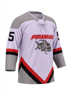 Custom Sublimated <b>Light</b> Grey Ice Hockey Jersey Custom Team Name <b>Number</b> Piranhas Graphic V Neck Lace <b>Up</b> Breathable Lightweight - Product Image 1