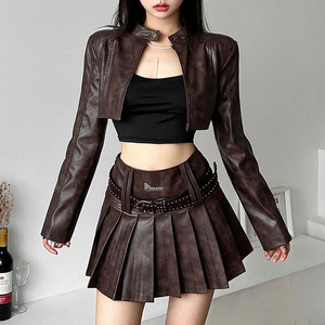 Womens Short Leather <b>Jacket</b> with Zipper Stylish Slim Fit Cropped <b>Biker</b> <b>Jacket</b> Soft Comfortable Fashion Outerwear Wholesale - Product Image 6