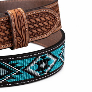 Ceinture de cowboy vintage en cuir véritable sur mesure OEM, faite à la main, avec tressage en corbeille, perles turquoise et boucle en acier gravée - Product Image 2