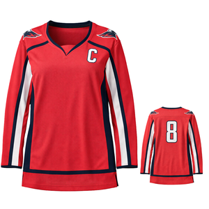Camiseta de Hockey sobre Hielo para Mujer, Estilo Equipo Azul Marino, Blanco y Rojo, Transpirable, de Secado Rápido, Cuello en V, Manga Larga, Alto Rendimiento - Product Image 1