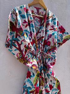 Women's Floral Print 100% Cotton Maxi <b>Kaftan</b> Dress V Neck Batwing Sleeves Drawstring Eco-Friendly <b>Beach</b> Cover-Up Resort Lounge - Product Image 5
