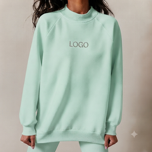 Women's Mint Green Mockneck Sweatshirt Embroidered Logo Long Sleeve 100% Cotton Knitted Solid Streetwear Autumn Wear - Product Image 1