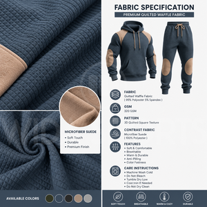 Men's Dark Gray Quilted <b>Joggers</b> With Tan Knee Patches Drawstring Waist Casual Autumn Wear Full Length Solid Color Pants - Product Image 5