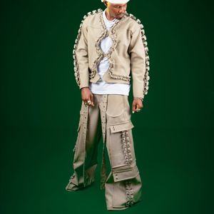 Men's Streetwear Two Piece Set Genuine Leather Breathable Pleated Jacket Wide Leg Cargo <b>Pants</b> Solid Color Full Sleeve Loose Fit - Product Image 4