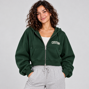 Sweat-shirt court à capuche vert foncé pour femme, coupe ajustée, taille cintrée, doublure polaire, fermeture éclair courte, personnalisable avec logo - Product Image 1