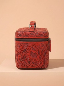 Vintage Lady Fashion Genuine Leather Embossed Jewelry Storage Makeup <b>Organizer</b> Travel <b>Cosmetic</b> Bag 7 Inch Polyester Lining - Product Image 2