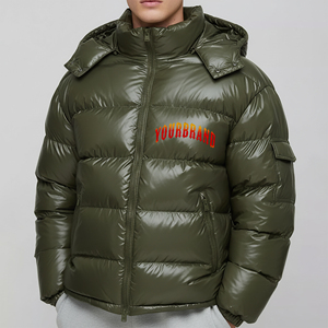 Men's Olive Green Hooded Puffer Jacket With Front Logo Embroidery Windproof <b>Winter</b> <b>Coat</b> Casual Style Zipper Closure - Product Image 1
