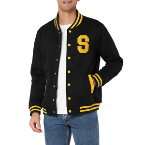 <b>Men's</b> Black <b>Varsity</b> <b>Jacket</b> With Yellow Trim Turn-down Collar Zipper Closure Preppy Style Regular Fit Autumn Wear - Product Image 1