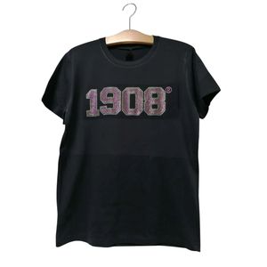 Women Black Rhinestone Graphic T Shirt Short Sleeve Cotton Casual <b>Top</b> Bling Letter Design Fashion Daily Wear Stylish Apparel - Product Image 1