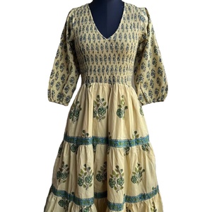 Vestido Maxi bohemio beige con estampado de bloques, túnicas indias, vestido de mano, Vestido largo de algodón indio, vestido estampado indio - Product Image 1