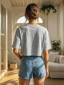 Women's Gray Crop <b>Top</b> Short Sleeve Crew Neck Casual Loose Fit Cotton Shirt Spring Summer Everyday Wear Casual women's shirt - Product Image 3