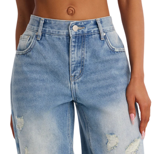 Jean en denim déchiré bleu clair pour femme, coupe large, taille mi-haute, respirant, décontracté, ample, pantalon tendance automne, longueur complète - Product Image 3