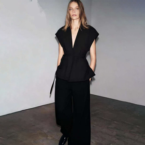 Completo Estivo da <span class=keywords><strong>Donna</strong></span> Due Pezzi 2025: Blazer con Maniche a Cappuccio e Scollo a V, Gilet e <span class=keywords><strong>Pantaloni</strong></span> a Gamba Larga - Product Image 3