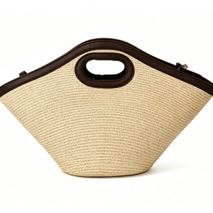 Customized Cut‑out handle <b>straw</b> tote <b>bag</b>, trapezoidal woven <b>straw</b> handbag, faux leather trim <b>straw</b> shopper - Product Image 6