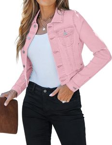 Pink wax Denim <b>Jacket</b> Women Turn-down Collar Button Closure Regular <b>Sleeve</b> Solid Color Casual Wear Spring Slim Fit <b>Short</b> Length - Product Image 2