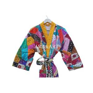 Bata Kimono de Algodón Puro Acolchada Multicolor con Retazos Kantha Hechos a Mano en India, Transpirable para Verano e Invierno, Abrigo para Mujer, Regalo - Product Image 4