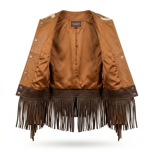 <b>Collarless</b> Cowhide Hair On Hide <b>Womens</b> Fringe Leather <b>Jacket</b> Western Style Tan Brown Panel Cropped Peplum Riding Coat - Product Image 5