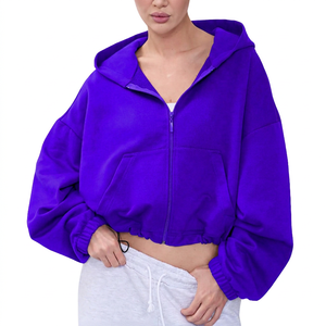 Sudadera con Capucha Oversize Corta con Cremallera, Manga Murciélago, Diseño de Bolsillo de Color Liso, Unisex, de Felpa Francesa, para Otoño - Product Image 2