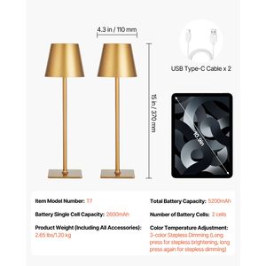 Set di 2 Lampade da Tavolo Senza Fili con Batteria Ricaricabile Integrata da 5200mAh, Temperatura Colore 3000-6500K, Dimmerazione a 3 Livelli per Studio - Product Image 3