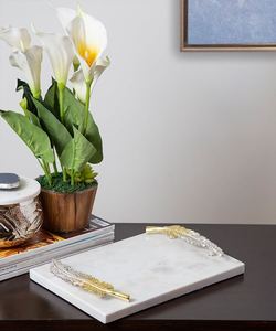 Wholesale Luxury Rectangular <b>White</b> Marble Dining Tray Bulk Hotel Restaurant Serving Platter Elegant Feather Handle Tableware - Product Image 6