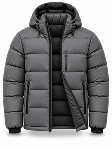 Chaqueta Acolchada con Capucha para Hombre, Color Gris, Cálida, Cortavientos, Informal, con Cierre Frontal, Relleno de Poliéster, Corte Regular - Product Image 4