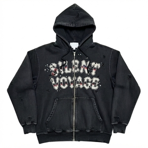 Sudadera con capucha con cremallera Silent Voyage con estampado de purpurina para hombre, estilo oversize, de algodón French Terry, para otoño, venta al por mayor - Product Image 1