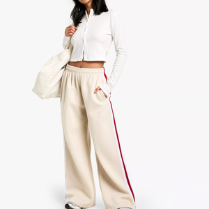 Women Cream Sweatpants With Red And <b>White</b> Side Stripe Elastic Waist Casual Autumn Knitted Pants - Product Image 2