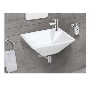 Stylish rectangular wall hung ceramic wash basin 370x280x125mm glossy white floating bathroom sink with half pedestal - Product Image 1