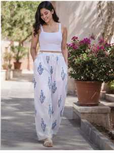 Trending Ladies <b>White</b> Blue Floral <b>Print</b> Cotton Trousers High Waist Loose Fit Wide Leg <b>Palazzo</b> Pants Summer Casual Loungewear - Product Image 2