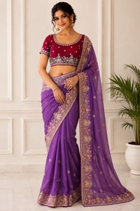 ผ้าซารีจอร์เจตต์ลายดาว พร้อมงานปักดิ้นและเลื่อม ดีไซน์เนอร์ C Pallu  ตกแต่งขอบด้วยผ้าปิ๊ปปิ้ง พร้อมเสื้อผ้าซาตินบังลอรีปักลาย - Product Image 1