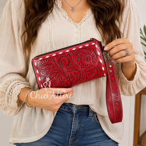 Elegante Cartera de Cuero Genuino Hecha a Mano con Cierre de Cremallera y Correa para la Muñeca, Estilo Occidental, Tarjetero para Mujer, Bolso Tipo Clutch - Product Image 1