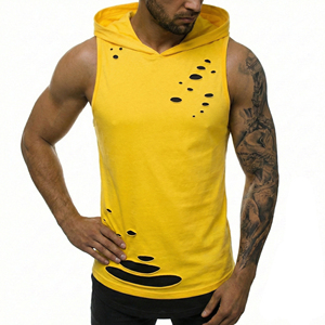 Custom Colours Men's <b>Distressed</b> Hooded Tank <b>Top</b> Double Layer Ripped Muscle Tee Streetwear Fitness Sleeveless Wholesale Tank <b>Tops</b> - Product Image 4