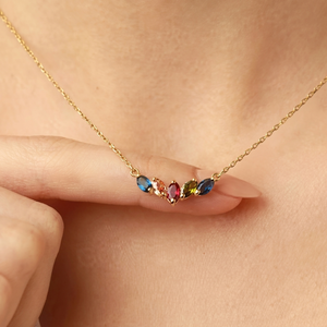 Collier chaîne en argent sterling 925 plaqué or 18 carats avec pierres précieuses multicolores taille marquise, pierres de naissance familiales, pour femme, bijoux personnalisés - Product Image 1