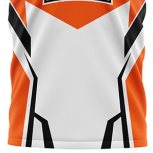 Maillot de basketball géométrique blanc et orange pour homme, col en V, sans manches, anti-humidité, coupe athlétique, impression sublimée - Product Image 3