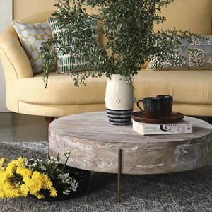 Tree Drum <b>Round</b> Acacia Wood Coffee <b>Table</b> With Distressed Natural Grain Finish Mid Century Modern Home Villa Center Sofa <b>Table</b> - Product Image 2