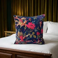 Housse de coussin en velours bleu marine avec imprimé oiseaux et fleurs, coussin décoratif pour canapé, chambre et décoration intérieure