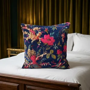 Navy <b>Blue</b> Velvet Cushion Cover with Bird and Floral Print Decorative <b>Throw</b> Pillow for Sofa Bedroom and Home Decor - Product Image 2