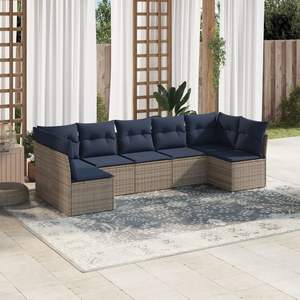 Set di divani da giardino in polyrattan grigio da 7 pezzi con cuscini, mobili da esterno resistenti - Product Image 1