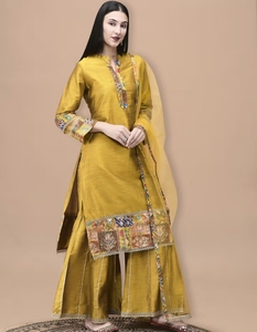 KV Women's Poly <b>Silk</b> Jacquard Mustard <b>Kurta</b> Sharara Dupatta - Product Image 3