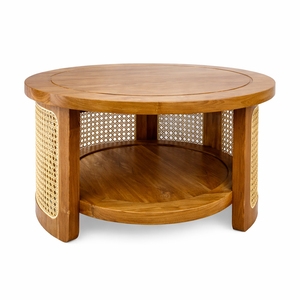 Lounge Area Teak Wood Round <b>Coffee</b> <b>Table</b> with Shelves Savana Rattan Combination Elegant Storage Design for Home Use - Product Image 2