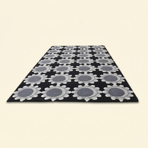 Tapis rectangulaire géométrique noir et gris en laine fait main, antidérapant, écologique, à poils épais, avec motif halo médaillon, pour salon - Product Image 2