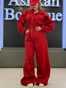Custom 2026 Women Hooded Jumpsuit Fleece Onesie Wide Leg Zip Up <b>Romper</b> Casual Streetwear Lounge Wear Custom Logo Wholesale - Product Image 4